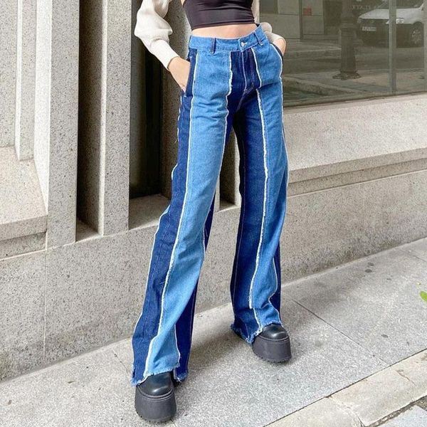 

women's jeans fashionable blue stitching vertical straight trousers