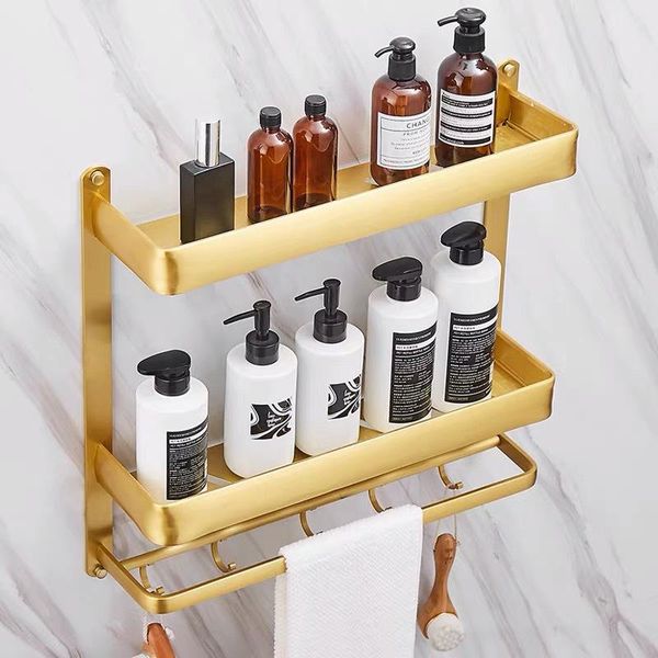 

gold stainless aluminum bathroom shower storage rack towel bar with hooks accessories organizer shelf shampoo container shelves