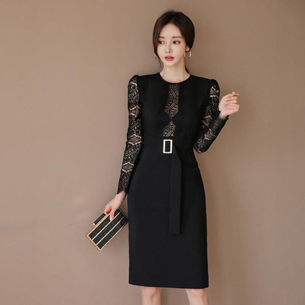 

casual dresses fashion week pattern women lace splicing hollowing out dress korean style long sleeves, Black;gray