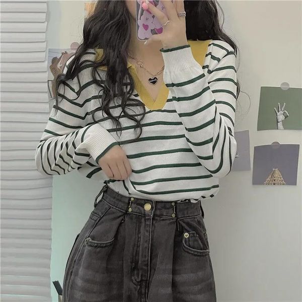 

women's t-shirt t shirts autumn women collar full sleeve striped knitted tshirt korean style vintage jumper knitwear female loose, White