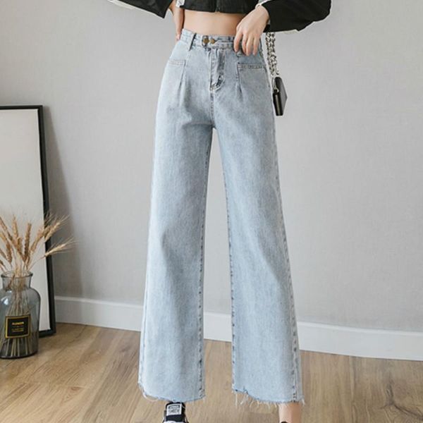 

women's jeans high waist fray hem wide leg loose straight 9/10 length denim capri pants cropped for women s  l xl 2xl, Blue