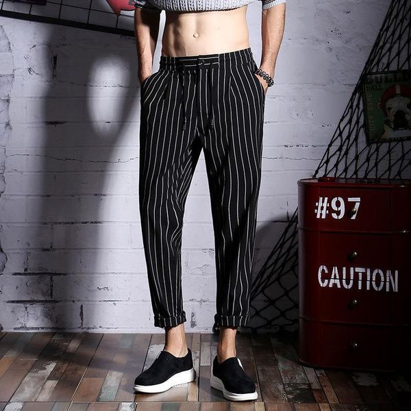

s-3xl 2021 men's clothing hair stylist gd fashion black-and-white striped rope-pulling retro casual pants plus size costumes