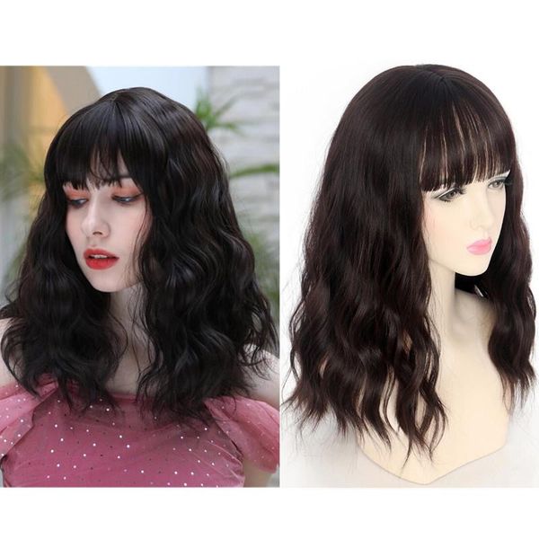 

synthetic wigs hywamply 45cm medium length natural curly with bangs cute wig for women brown bluish gray wavy style, Black