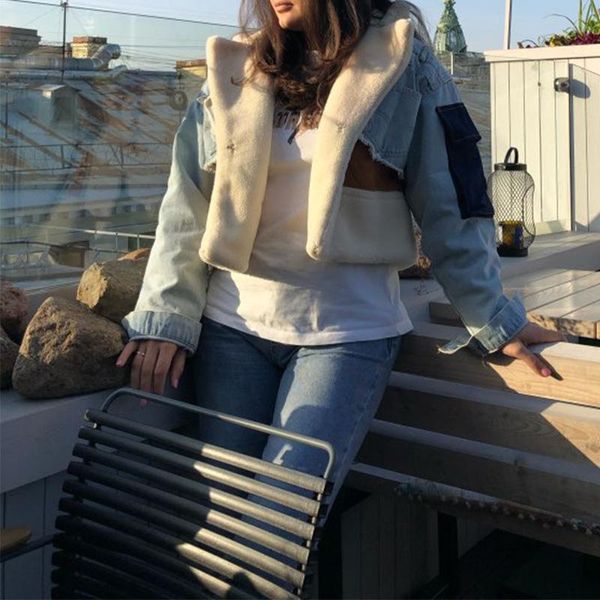 

women's jackets light blue furry denim jacket for woman designer luxury female clothing indie clothes harajuku kpop korean style, Black;brown