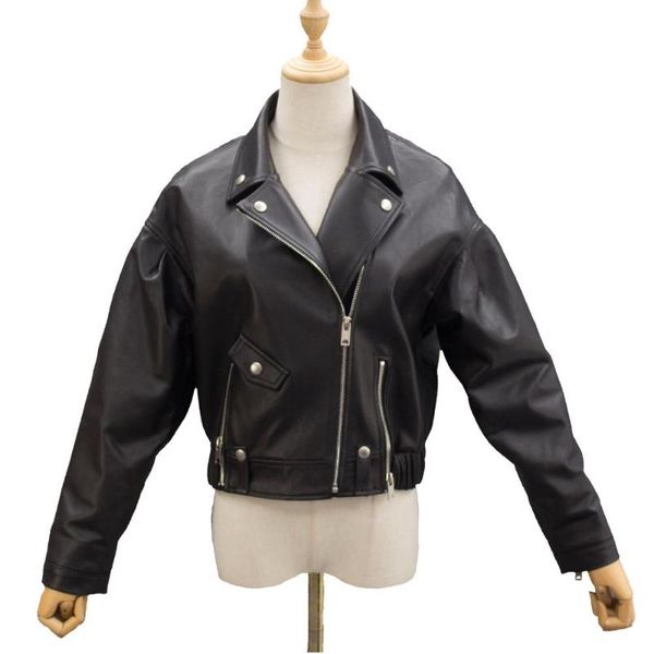 

women's jackets women loose sheep leathe jacket black motercycle soft coat with stretch hem ladies short zipper overcoat, Black;brown