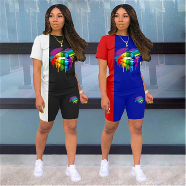 

womens lips pattern tracksuits fashion trend short sleeve round neck tees shorts suits designer female sunmmer casual two piece sets, Gray