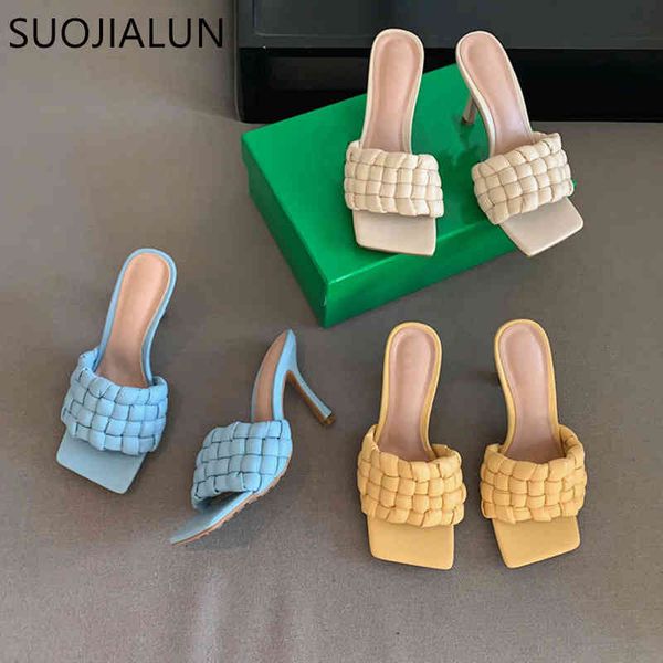 

suojialun 2021 women slippers fashion brand weave sandal ladies elegant thin high heel slides open toe pumps flip flops shoes c0407, Black