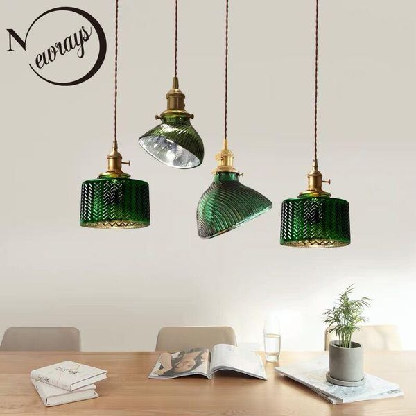 

pendant lamps nordic japanese art bedside green glass pure copper lamp retro bar restaurant led 220v e27 kitchen balcony aisle lights
