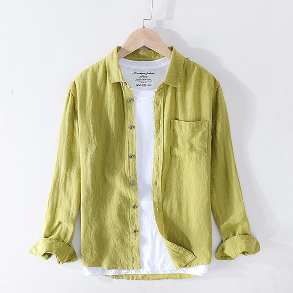 

pure linen shirts for men long sleeve casual turn-down collar basic classic male fashion solid color retro clothing 210410, White;black