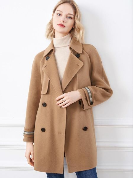 

women's clothing 2021 winter mid long double faced tweed coat breasted lace up wool & blends, Black