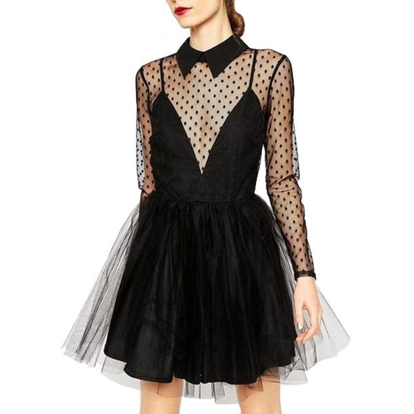 

casual dresses vintage dot printing women lace dress spring autumn fashion a-line perspective back zipper vestidos, Black;gray