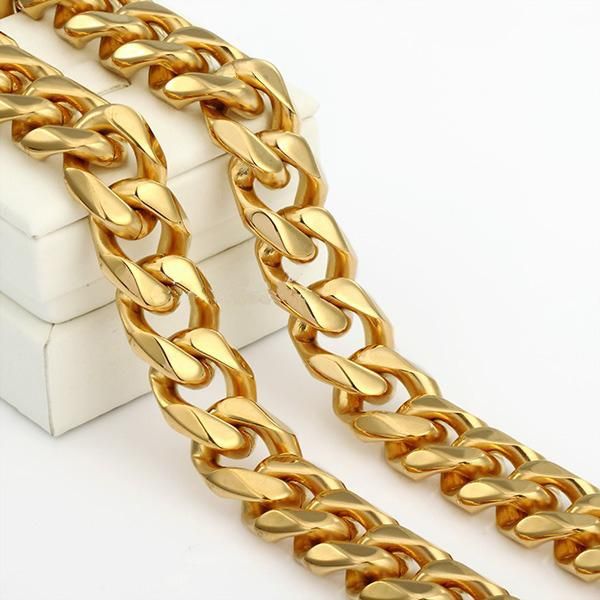 

chains 13/15/17/19mm curb cuban link chain for men boys gold stainless steel choker hip hop necklace charms jewelry 7-40", Silver