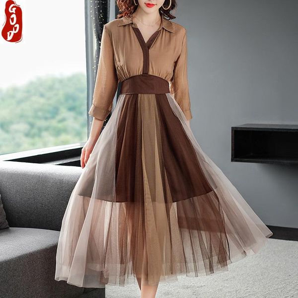 

casual dresses spring summer dress women mesh long v neck elegant vintage clothes 2021 vestidos de fiesta lpl1678, Black;gray