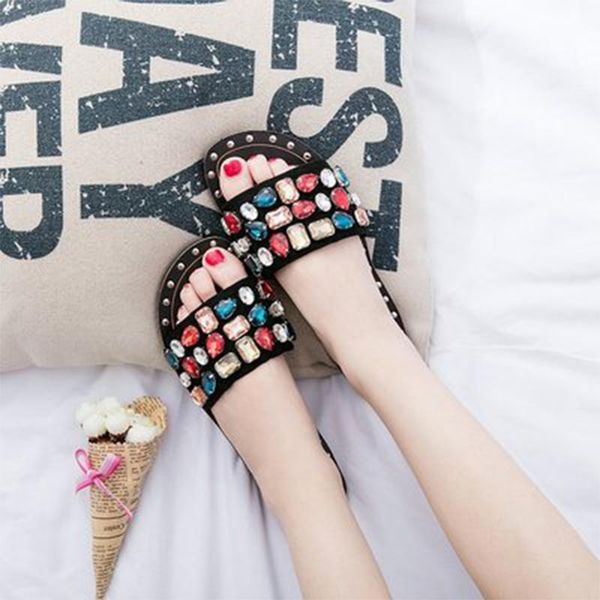 

slippers woman women flats ladies candy color crystal women's fashion beach shoes granular gem female footwear plus size, Black