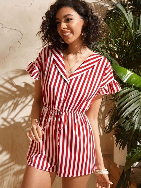 

flounce sleeve striped romper v1pr#, White