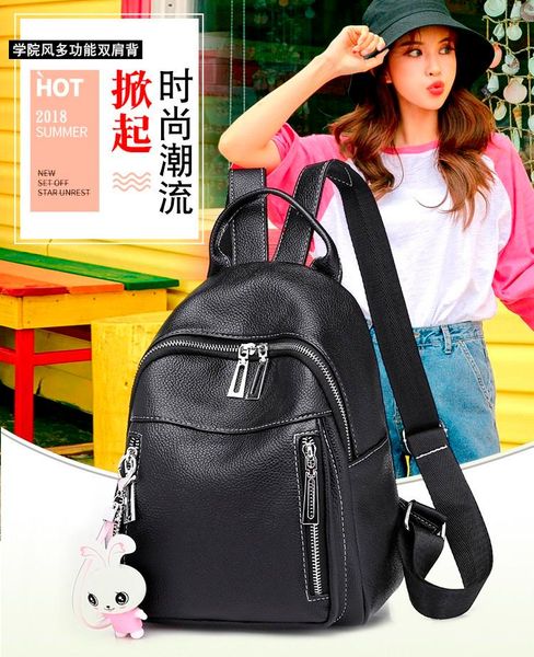

outdoor bags female backpack pu leather fashion trend casual with hanging accessories waterproof anti-theft