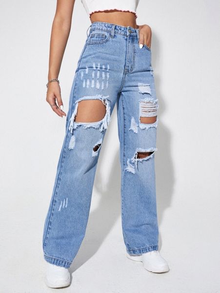 

ripped slant pockets wide leg jeans l3tq#, Blue