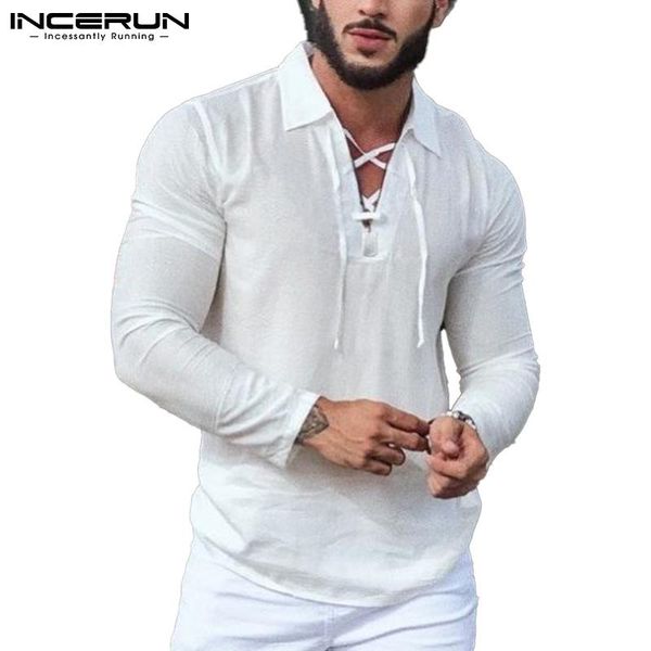 

men's casual shirts men shirt lapel long sleeve streetwear solid color lace up cotton camisa masculina 2021 fitness leisure incerun 7, White;black