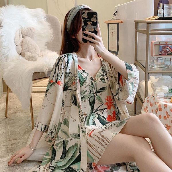 

women's sleepwear july's song woman pajamas set 2 pieces sling robe flower print large size viscous soft nightdress ladies homewea, Black;red