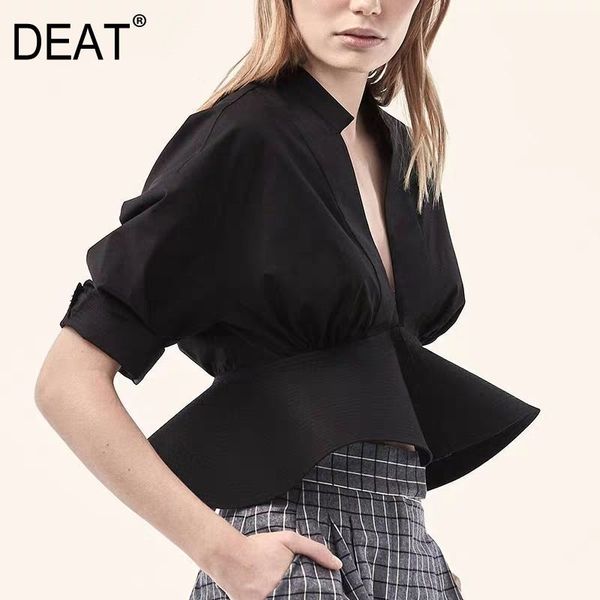 

summer fashion women clothes short sleeves high waist rtuffles v-neck cotton shirt wp62800l 210421, White