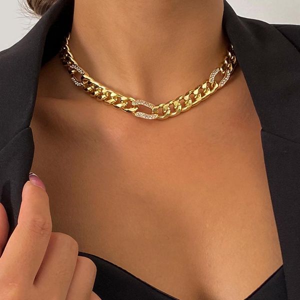 

chains ingesight.z punk street rhinestones crystal choker necklaces statement miami curb cuban link chain clavicle jewelry, Silver
