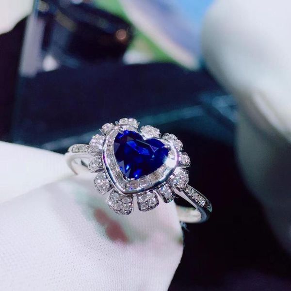

cluster rings h616 blue sapphire ring 1.02ct real pure 18 k natural gemstone diamonds stone female, Golden;silver