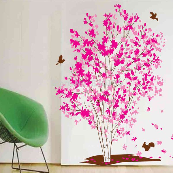 One Tree Dream Fiori rosa Uccelli Adesivi murali Decorazione della casa in soggiorno adesivo de parede 210420