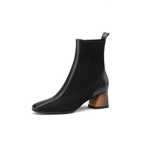 

asumer shoe knitting stretch shoes genuine leather colours mixed autumn winter women's boots, Black