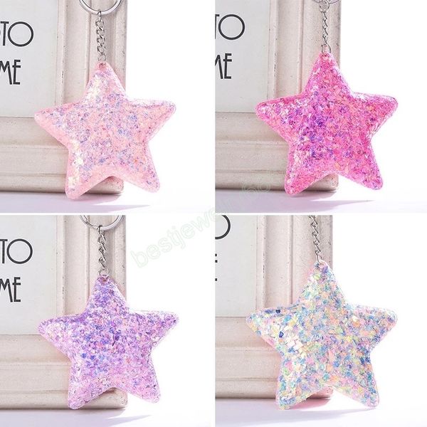

fashion glitter sequins keychain cute star shaped key chain women girls handbag hanging pendant keyring, Slivery;golden