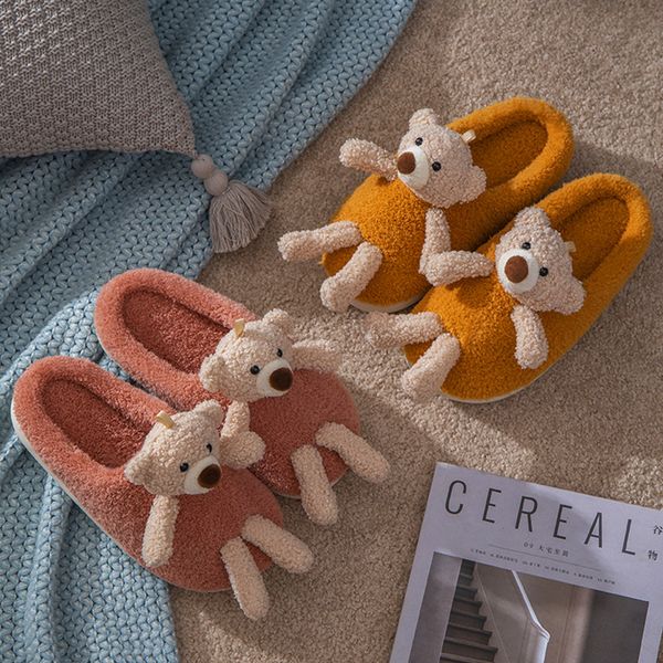 

woman slippers cute bear doll ladies in winter fluffy slippers for indoor use non-slip warm cotton household shoes, Black