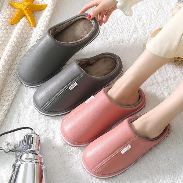 

women waterproof warm slippers ladies plush pu flat home shoes woman soft comfortable footwear female sewing indoor slipper, Black