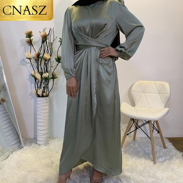 

2021 new muslim dress selling design abaya clothing for women modest fashion tie belt satin dress turkey middle east, Red