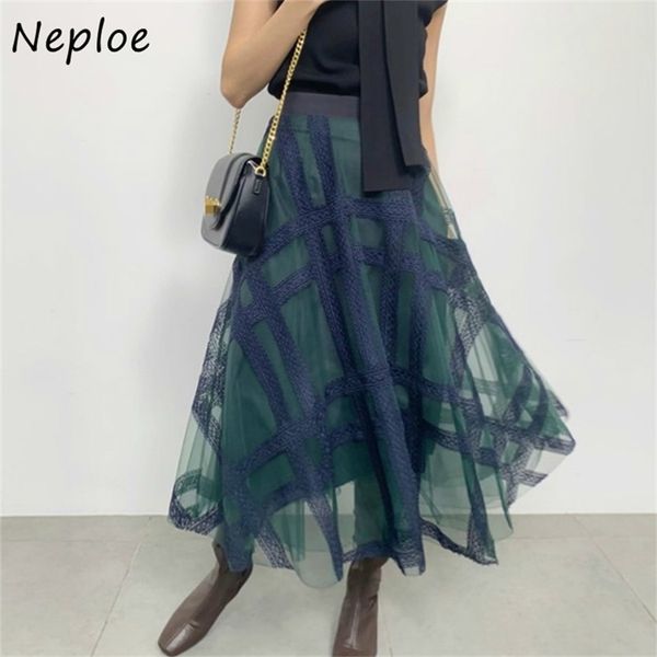 

neploe new lace mesh plaid patchwork skirt autumn winter japan style all-match jupe elegant high waist a-line skirts 1g786 210401, Black