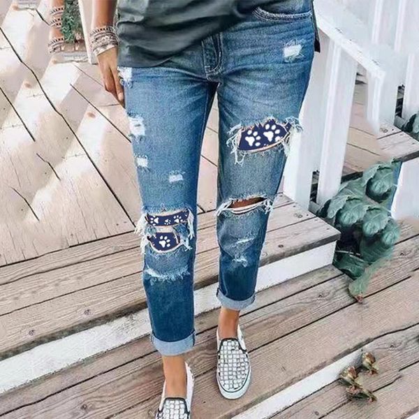 

cowgirl trousers denim hole jeans retro high-waisted straight-leg long ripped color matching pants women streetwear women's, Blue