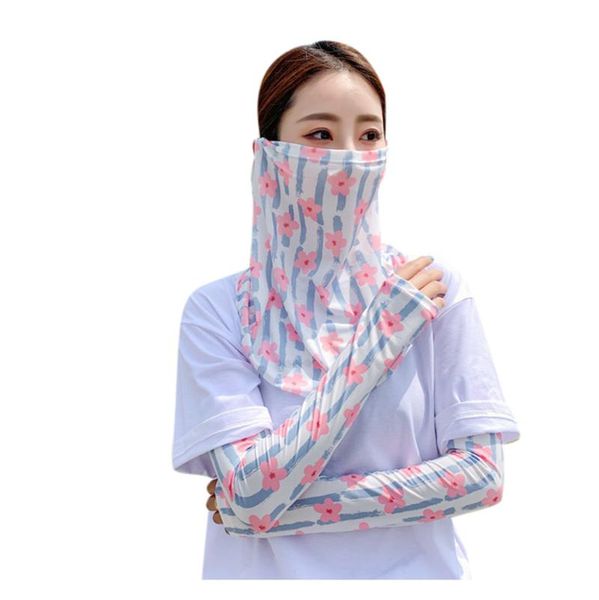 

scarves 25# women floral sunscreen neck scarf sleeve protection thin two-piece set full function cycling running face cover, Blue;gray