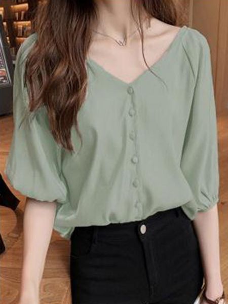 

women's blouses & shirts summer office ladies korean vintage simple chiffon women loose button lantern sleeve elegant female fashion, White