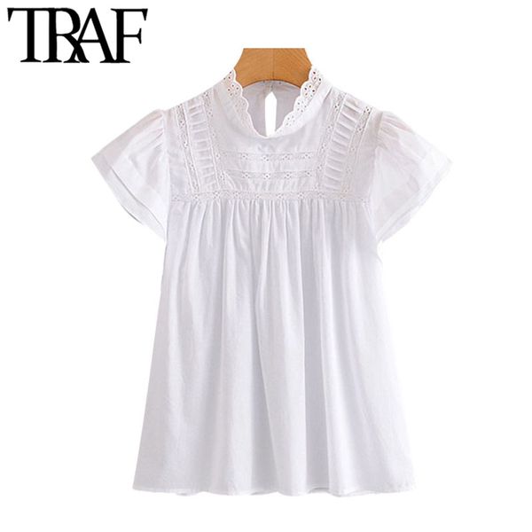 

traf women sweet fashion lace patchwork blouses vintage high collar short sleeve female shirts blusas chic 210415, White