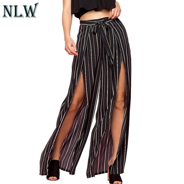 

women's pants & capris nlw bow high split women fashion wide leg stripe casual trousers feminino plus size, Black;white
