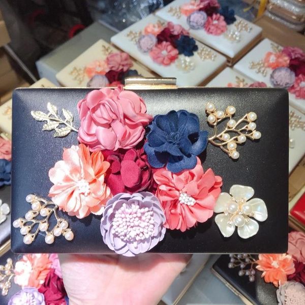 

elegant lady party flower black clutch fashion women's chain wedding prom mini design female pearl clutches evening bags