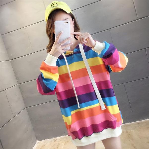 

women's hoodies & sweatshirts spring and autumn korean style ladies loose thin section rainbow stripes hooded pocket large size long sl, Black