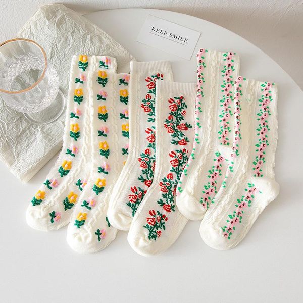 

socks 3 pairs cotton children korean style flower pattern baby girl's princess for kids babies accessories born, Pink;yellow