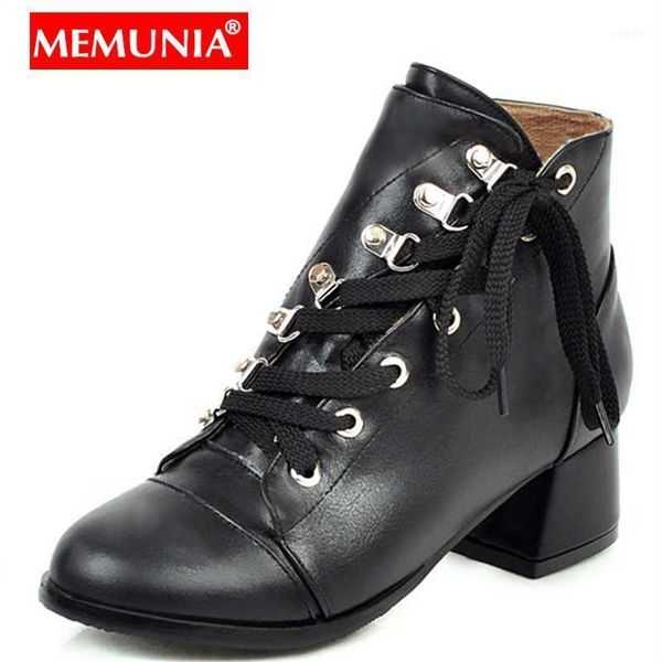 

boots memunia plus size 34-43 lace up women square high heels round toe soft pu leather ankle for fashion shoes11, Black