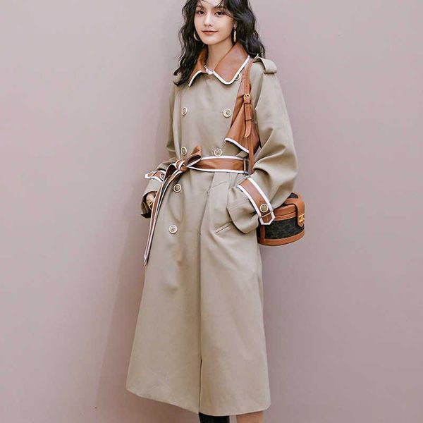 

women's trench coats [ewq] korea autumn casual trend women lapel double-breasted stitching loose fashion lace-up long-sleeved coat 2021, Tan;black