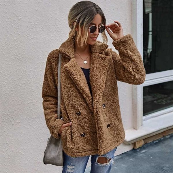 

autumn teddy coat women faux fur female thick warm plush jacket long sleeve winter 211206, Black