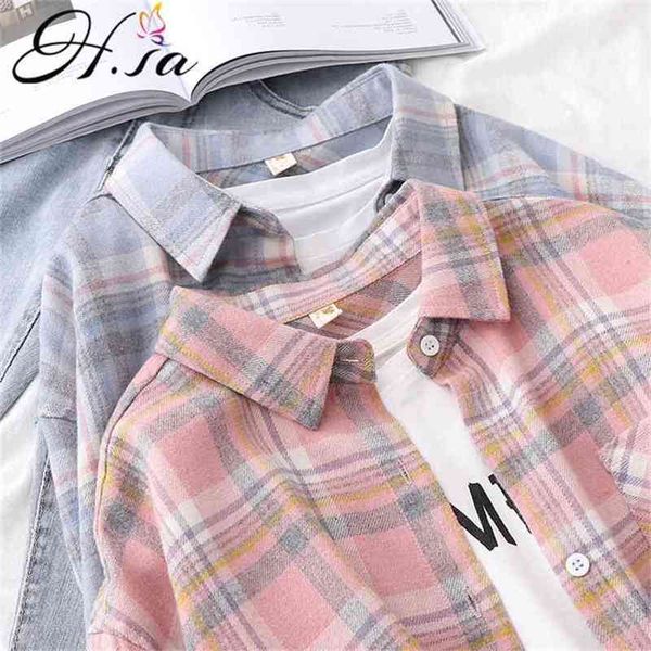 

hsa women plaid blouse and shirts turn down collar summer papery oversized shirt casual bf style chic blusas 210430, White