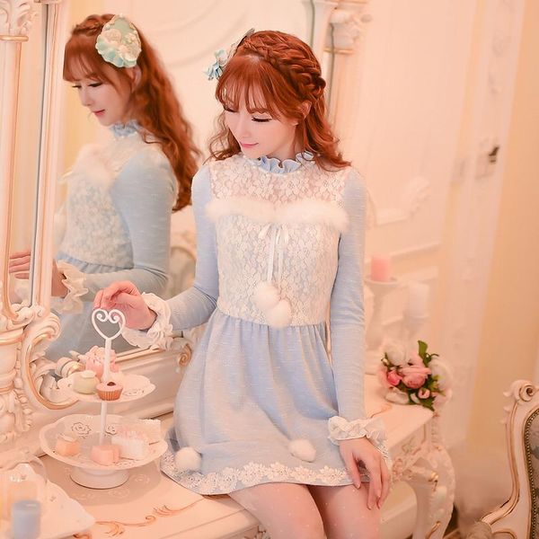 

casual dresses princess sweet lolita blue dress candy rain bow lace decoration a-line stand collar nail bead japanese design c16cd6118, Black;gray