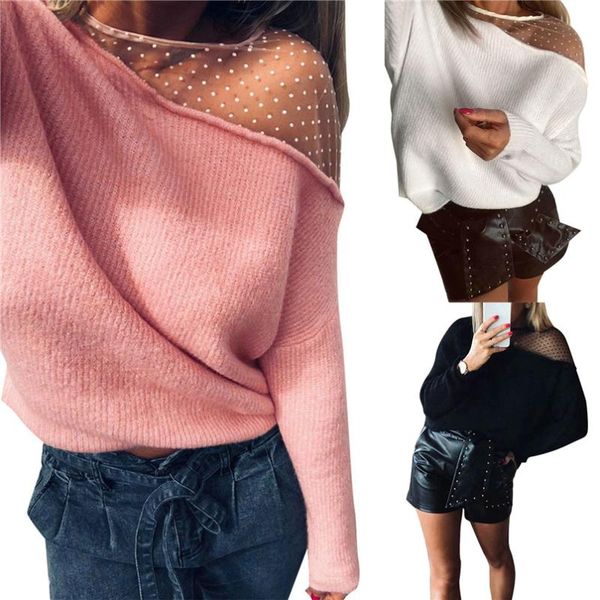 

women's t-shirt 2021 women mesh patchwork blouse autumn long sleeve round neck one-shouldered pullover y2k clothes harajuku, White