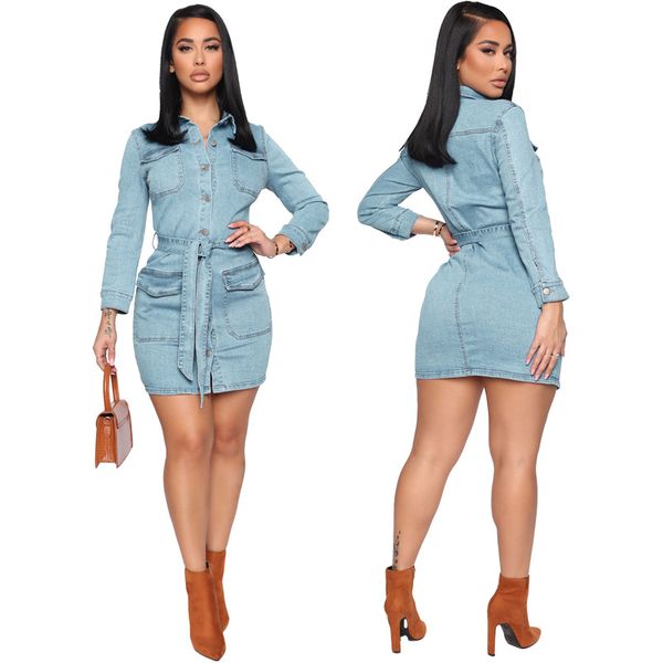 

blue denim mini shirt dress long sleeve buttun pocket dresses with belt, Black;gray