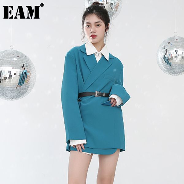 

[eam] women big size pockets pu belt blazer notched long sleeve loose fit jacket fashion spring autumn 1dd228505 21512, White;black