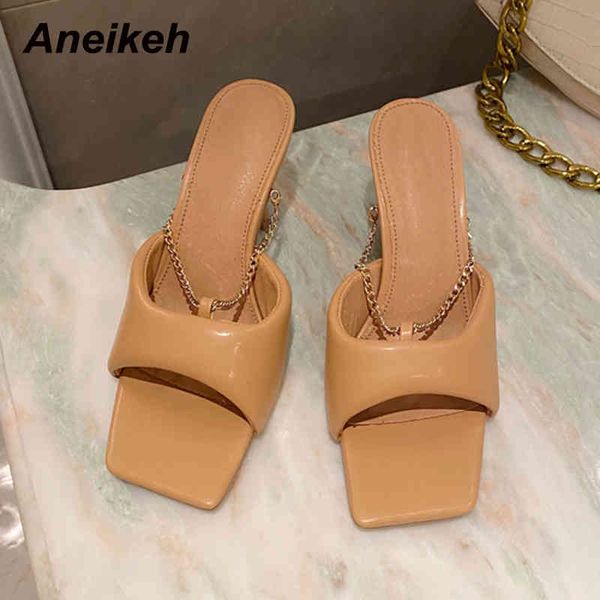 

fashion pu womens shoes summer thin heels peep toe slippers shallow chain concise solid outside british style 210507, Black